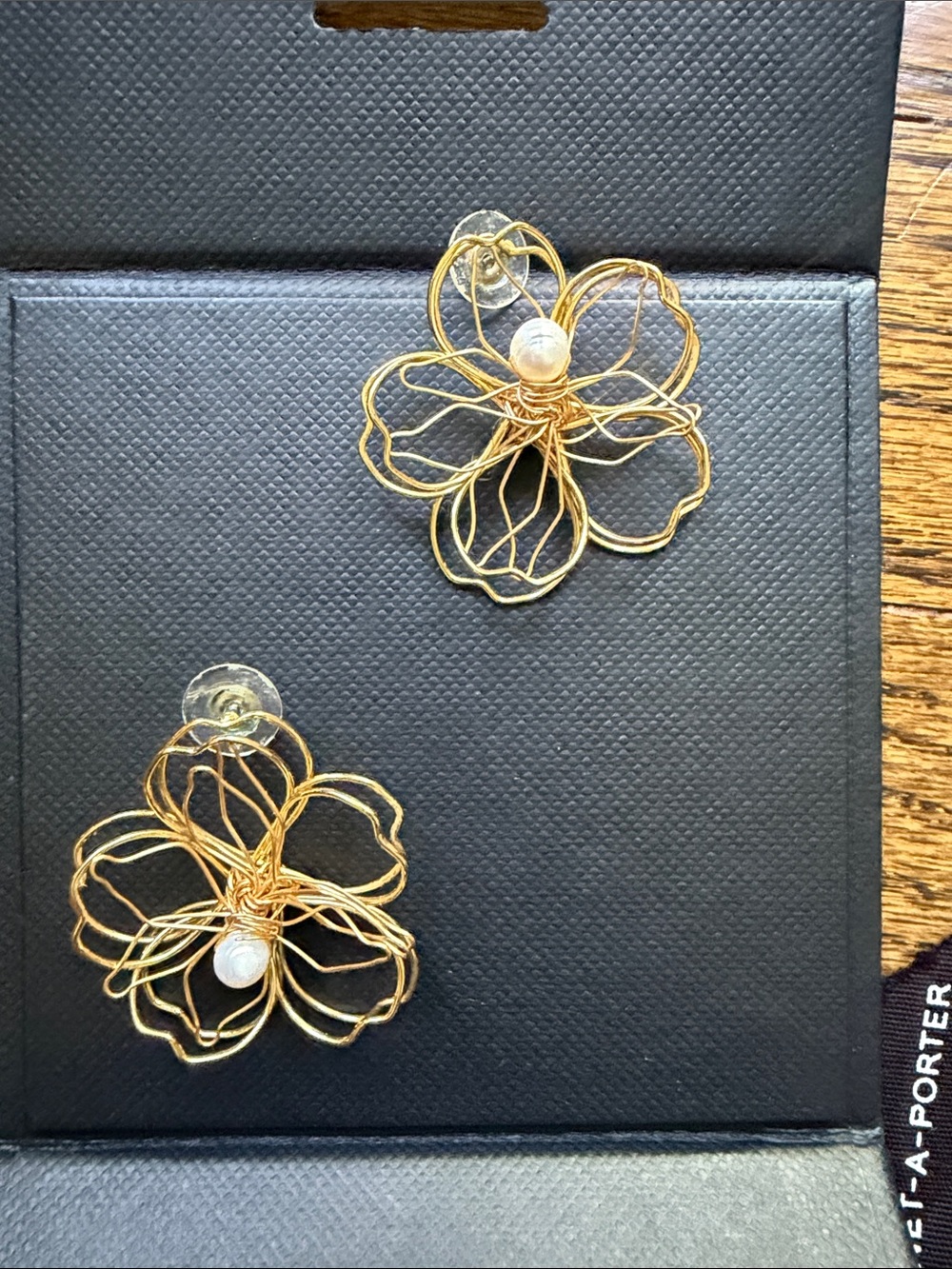 Anthropologie Gold Floral Wire Earrings with Pearl Center
